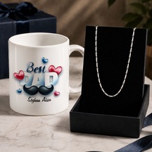 Bk Gift Kişiye Özel Babalar Günü Tasarımlı Beyaz Kupa & Yaprak Model Zincir Kolye -10, Babalar Günü Hediyesi Gümüş