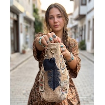 El İşçiliği Kalp Yaprak Detaylı Denim Çanta Charm Siyah