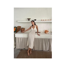 Serenay Atelier Ajurlu Yırtmaçlı Göğüs Dekolteli Askılı Uzun Kadın Triko %100 Pamuk Plaj Elbisesi Krem