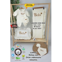 Gros Shop Müslin Yeni Doğan 4katlı Organik %100pamuk Kişiye Özgü Nakışlı Hastane Çıkış Seti-kahverengi Kalpli Ekru-1