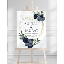 Söz Nişan Düğün İçin 50x70 Karşılama Panosu - Kalpli Çiçek Tasarımlı Beyaz