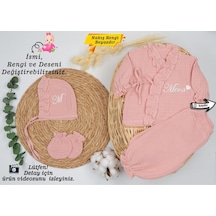 Gros Shop Yeni Doğan Müslin 4'lü Kimono Bağcıklı Tulum %100 Pamuk Organik Kişiye Özgü İsimli Nakış Desenli Pembe-1