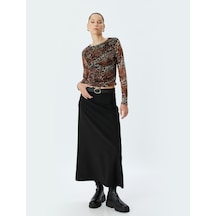 Koton Tül Bluz Leopar Desenli Uzun Kollu Drapeli Slim Fit Siyah Desenli 5wal10587ık Siyah