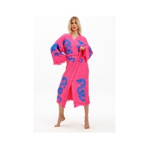 Befera Dragon Müslin Kimono Pamuklu Ejderha Baskılı Desenli Bornoz Kaftan Sabahlık Fuşya