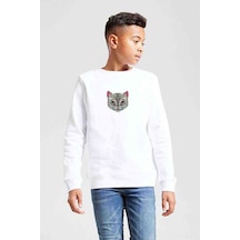 Tshirthane Cat Renkli Hayvan Çok Renkli Kedi Baskılı Unisex Çocuk Beyaz Swe Beyaz