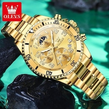 Novahub Yeni Moda Lüks Quartz Saat Erkek Üç Göz Kronograf Kadran Paslanmaz Çelik Su Geçirmez Işıklı İş Saati Altın - Yeşil Altın - Yeşil