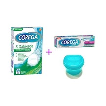 Corega 3 Dakikada Protez Temizleyici 30'lu + Corega Tat İçermez Protez Yapıştırıcı 40 G +Protez Kabı