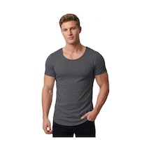 Deepsea Erkek Antrasit Slim Fit %90 Pamuk Açık Yaka Oval Kesim Likralı Basic Tişört 1801199