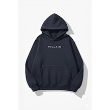 Uyguntarz Unisex Yumuşak Dokulu Villain Baskılı Tasarım Oversize 3 İplik Hoodie Sweatshirt Indigo