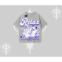 Tarzsokak Relax Kedi Baskılı Oversize Tshirt Gri