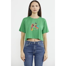 Oversize Baskılı Crop Tişört - Yeşil Çok Renkli