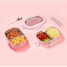 Tantitoni Pembe Paslanmaz Çelik 2 Katlı Chopstıck Ve Kaşıklı Yemek Taşıma Kabı 1.65l
