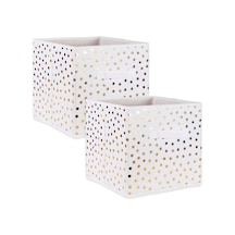 Dıı Dokumasız Saklama Koleksiyonu Puantiyeli Katlanabilir Çöp Kovası Büyük Set, 13x13x13 Küp, Beyaz Ve Altın, 2 Parça Açık Ahşap