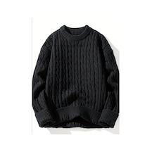 Cool Tarz Erkek Regular Fit Örgülü Bisiklet Yaka Triko Kazak Siyah Siyah