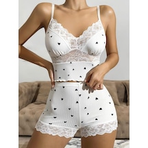 Floranova Premium Kadın Kalp Desenli Şortlu Pijama Takımı Yazlık Takım Kombin Askılı Beyaz