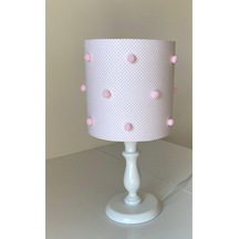Puantiye Desenli Pembe Ponponlu Çocuk Odası Abajur Pembe