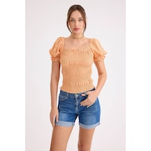 Vitrin Kare Yaka Viskon Keten Crop Bluz Kayısı