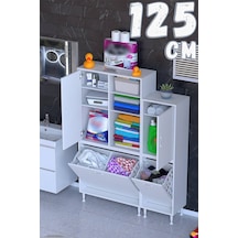 Ohbe 85 + 40cm Genişlik 160cm Boy 32,5cm Derinlik Kirli Sepetli 2 Kapak Çok Amaçlı Banyo Dolabı Beyaz