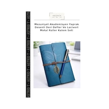 Mezuniyet Akademisyen Yaprak Desenli Deri Defter Ve Lacivert Metal Roller Kalem Seti Çok Renkli