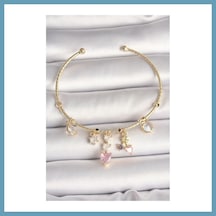 Bezos Pirinç Gold Renk Sallantı Zirkon Taşlı Kalp Figür Pembe Kalp Detay Charm Kadın Bileklik Mbt06