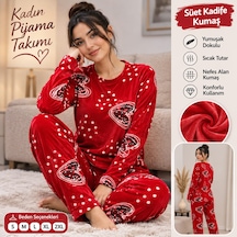 C&City Kadın Kırmızı Kalp Desenli Pijama Takımı AÇIK KIRMIZI