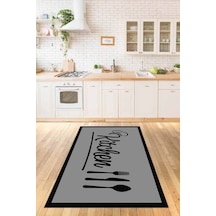 Gri Kaymaz Taban Yıkanan Kitchen Yazılı Mutfak Halısı Ar176n11