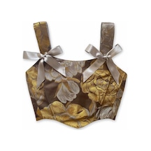 L'aura Corset Altın Çiçekli Kahverengi Vintage Desenli Korse
