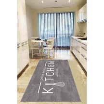 Gri Kaymaz Taban Yıkanan Kitchen Yazılı Mutfak Halısı Ar793n11