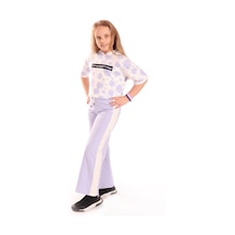 Toontoy Kids Toontoy Kız Çocuk 2'li Takım Baskılı Kısa Kollu Kapüşonlu Sweatshirt & Beli Lastikli Yanı Bantlı Bol Paça Eşofman Altı - 30/1 Penye Açık Lila