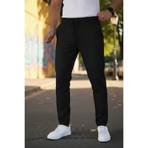 Bürke Erkek Siyah Renk Beli Lastikli Bağcıklı Duble Paça Jogger Eşofman