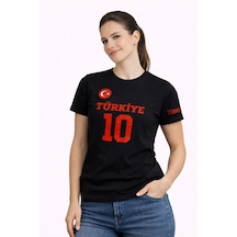Wear Vexel Kadın Türkiye Ay Yıldız Baskılı 10 Numara Forma Tişört Taraftar T-shirt - Siyah Siyah
