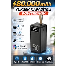 80.000 Mah Powerbank Dahili Kablolu 4 Usb Çıkışlı Led Göstergeli Taşınabilir Hızlı Şarj Powerbank Siyah