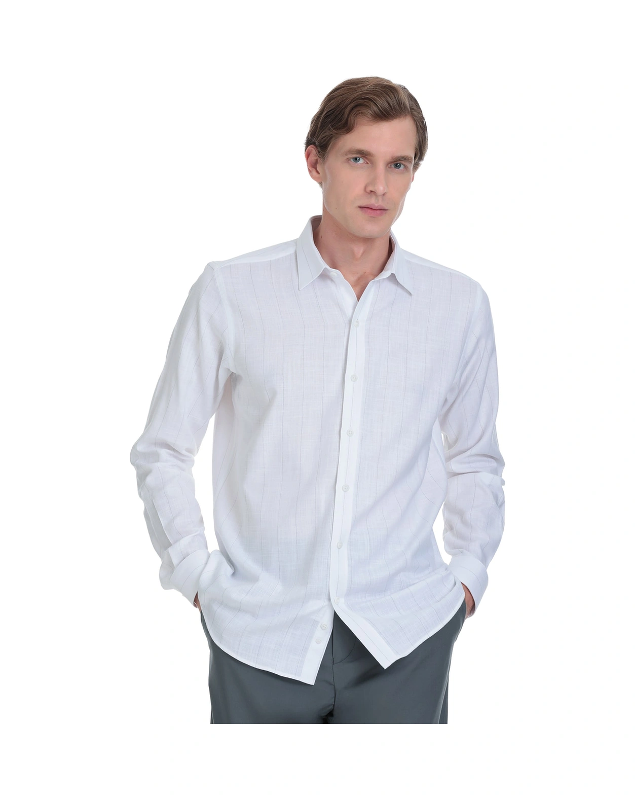 Hatemoğlu Gri Comfort Fit Çizgili Slim Yaka 100% Pamuk Uzun Kollu Spor Gömlek 4112030