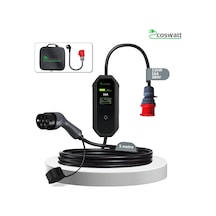 Coswatt Elektrikli Araç Taşınabilir Şarj Cihazı 11 kW-16A-Tip2 Soket-Türkçe Menü-5M-5x16A Fiş-380V AC