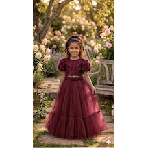 Star Kids Fashion Kız Çoçuk Bordo Gül Detaylı Crop Elbise,kız Çoçuk Parti Elbise