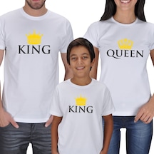 King Queen Aile Tişört Kombini Anne Baba Oğul Kısa Kol Beyaz