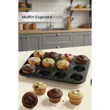 12'li Muffin Cupcake Pişirme Kalıbı Yapışmaz Çok Amaçlı Fırın Kalıbı Antrasit