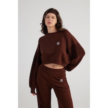 Holly Lolly Bisiklet Yaka Şardonsuz Crop Cali Sweatshirt Kahve