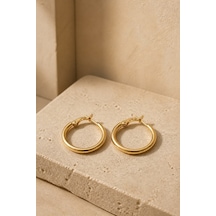 Gold Renk 22 Mm Çelik Düz Klasik Halka Küpe - Minimalist Klipsli Halka Küpe