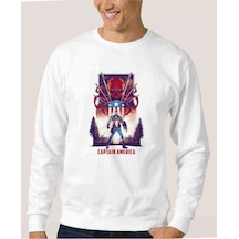 Captain America Baskılı Beyaz Erkek Örme Sweatshirt