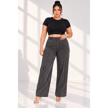 Büyük Beden Denim Taşlı Yüksek Bel Bol Paça Kadın Pantolon Siyah