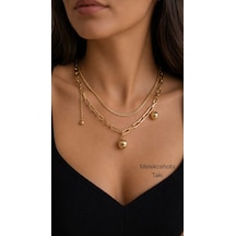 Melekcehobi Takı Kadın Çift Sıralı Top Sarkıtlı Xuping Zincir Kolye/ Katmanlı Kolye Kombini Altın Rengi