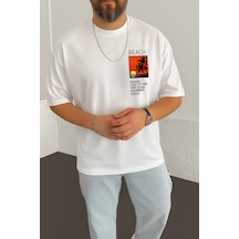 Beach Baskılı Oversize Unisex Tişört BEYAZ