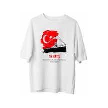 Efnaz Style 19 Mayıs Atatürkü Anma Gençlik Ve Spor Bayramı Baskılı Oversize T-shirt - Beyaz