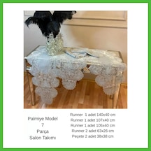 Vaveni Keten Palmiye Model Gri 5 Parça Masa Örtüsü Runner Seti Salon Takımı Arz