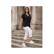Hanezza Kadın Büyük Beden V Yaka Yanı Yırtmaçlı Pamuklu Viskon T- Shirt Serifikalı Kumaş Siyah - 30798238 Siyah