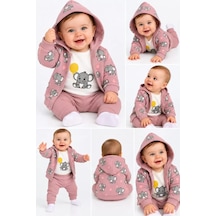 Veraura Lifestyle 0-9 Ay Fil Baskılı Kapşon Hırkalı Uzun Kol Bady Penye Bebek Takımı Mürdüm