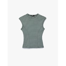 Koton Slim Fit Pamuklu Ribana Bisiklet Yaka Kolsuz Çizgili Tişört Yeşil Çizgili 7wak10023pk