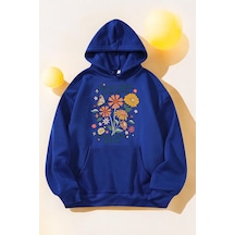 Flowers Baskılı Oversize Sweatshirt Mavi