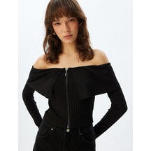 Koton Omzu Açık Triko Yelek Fermuarlı Uzun Kollu Slim Fit Siyah 5wak30045ek Siyah